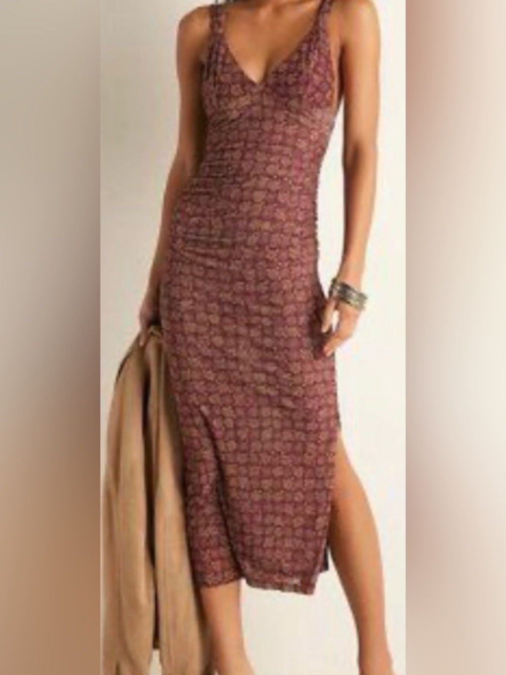 Free People Sleeveless V-Neck Burgundy/Beige Print Fitted Mesh Midi Dress: L